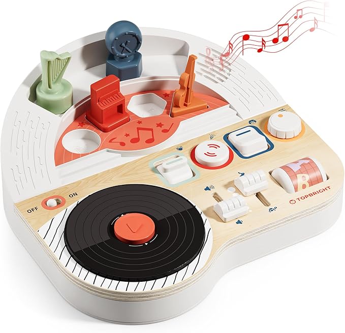 TOP BRIGHT DJ Music Busy Board - Wooden Toddler Toys for Boys and Girls，Montessori Sensory Toy with 14 Activities with Sound Blocks, Portable Travel Toy for 18M+