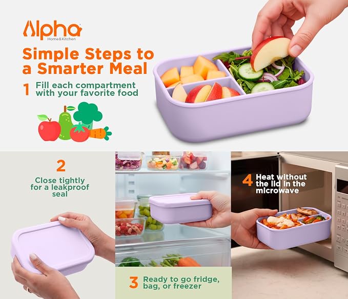 Silicone Bento Box for Kids, 3 Compartment Lunch Box, Small Portions, BPA Free Snack Container, Leak Resistant, Easy to Clean, Dishwasher Safe