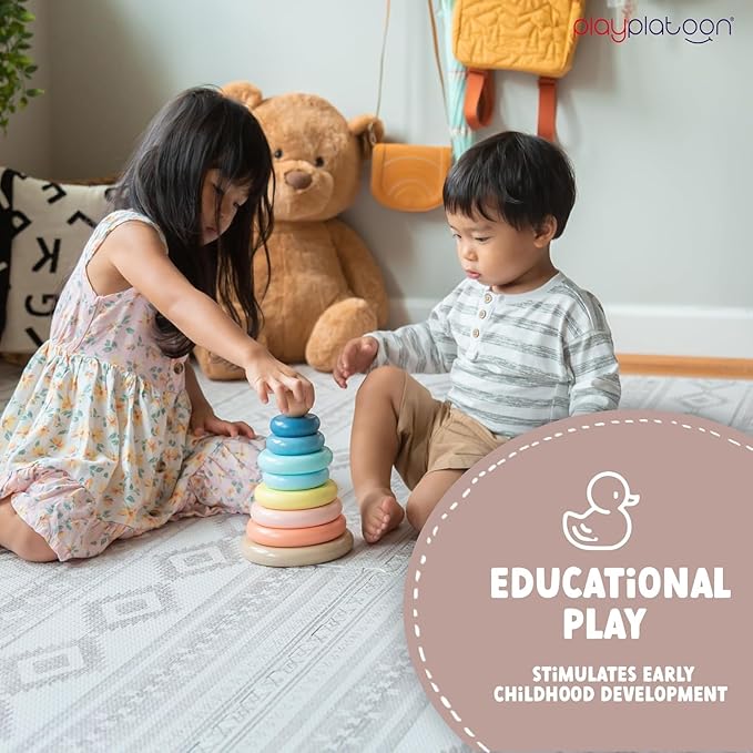 Play Platoon Wooden Rainbow Stacking Toy Ring Stacker, Educational Interactive Learning Toys, Create Stacks of Circles for Kids, Babies, Toddlers and Children
