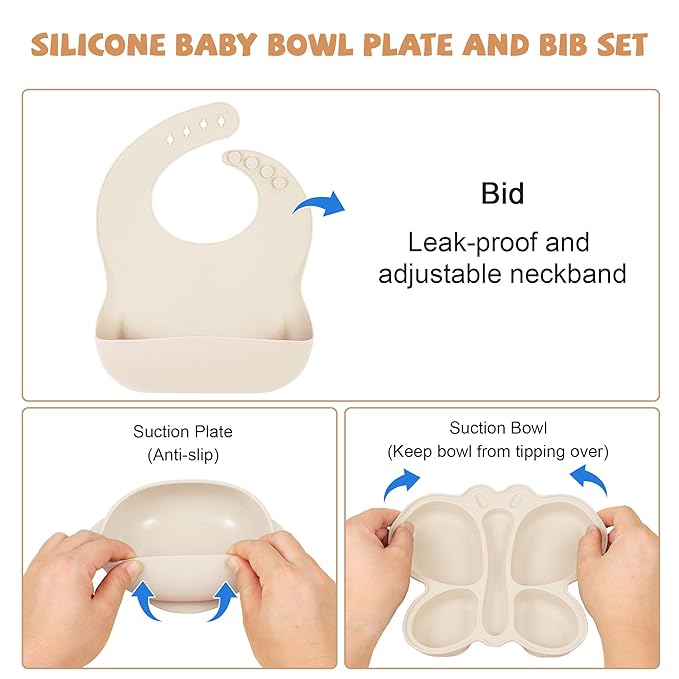 Silicone Baby Feeding Set, Baby Led Weaning Supplies, Silicone Suction Butterfly Plate, Bowl, Spoons, Fork and Waterproof Bib & Cloth Bib, Eating Utensils Baby Feeding Essentials (Beige)