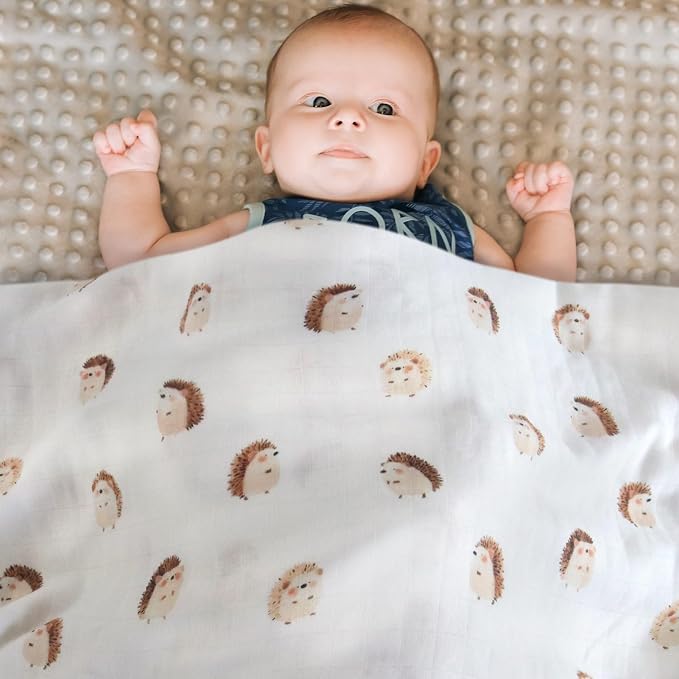 LifeTree Baby Swaddle Blankets, Boys Girls Muslin Swaddling Wrap Receiving Blanket for Newborn, 70% Viscose from Bamboo and 30% Cotton, Large 47" x 47", Hedgehog and Checkered