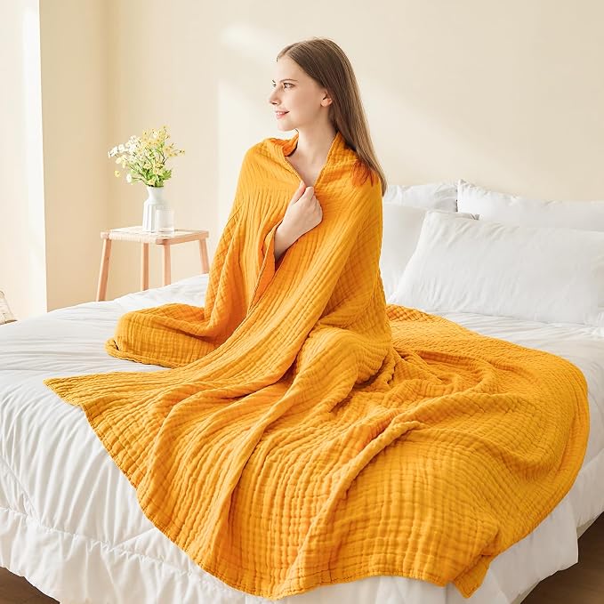 EMME Cotton Throw Blanket for Couch Mustard Yellow Soft Muslin Blankets 50"x60" Lightweight Breathable