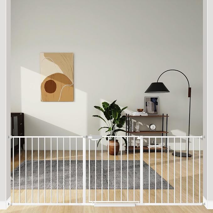 ALLAIBB Triple Lock Extra Wide Baby Gate Pressure Mounted Walk Through Safe Auto Close White Metal Dog Pet Puppy Cat for Stairs,Doorways,Kitchen 77.17-84.65"