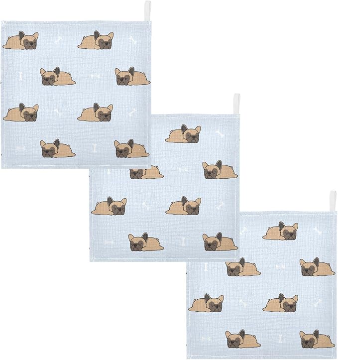 vvfelixl Baby Muslin Washcloths Cute French Bulldog Sleeping Baby Burp Cloths Cotton Baby Face Towel for Newborn Infants Boys Girls Soft and Absorbent 11.8 X 11.8 in, 3 Pack