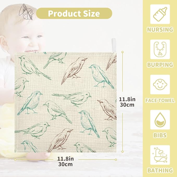 vvfelixl Color Birds Baby Burp Cloths Baby Muslin Washcloths for Boys Girls Cotton Baby Face Towel for Newborn Infants Soft and Absorbent 11.8 X 11.8 in, 5 Pack