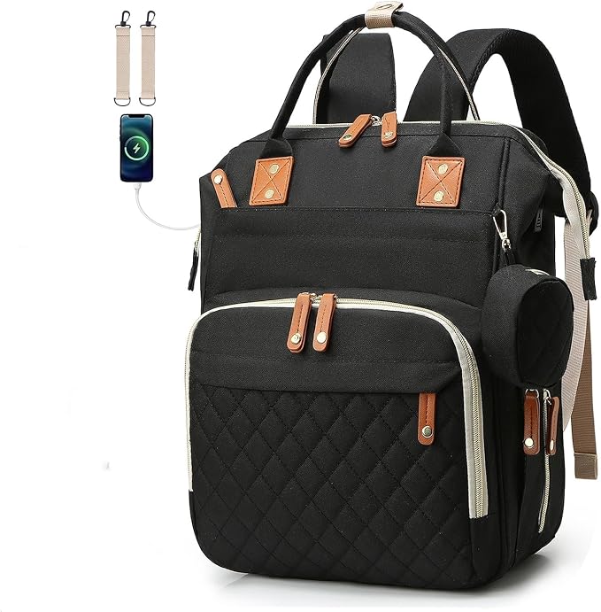 Black Diaper Bag Backpack, Multifunctional Waterproof Mommy Bag with Changing Pad, USB Port, Stroller Straps, Large Capacity Baby Travel Bag (balck)