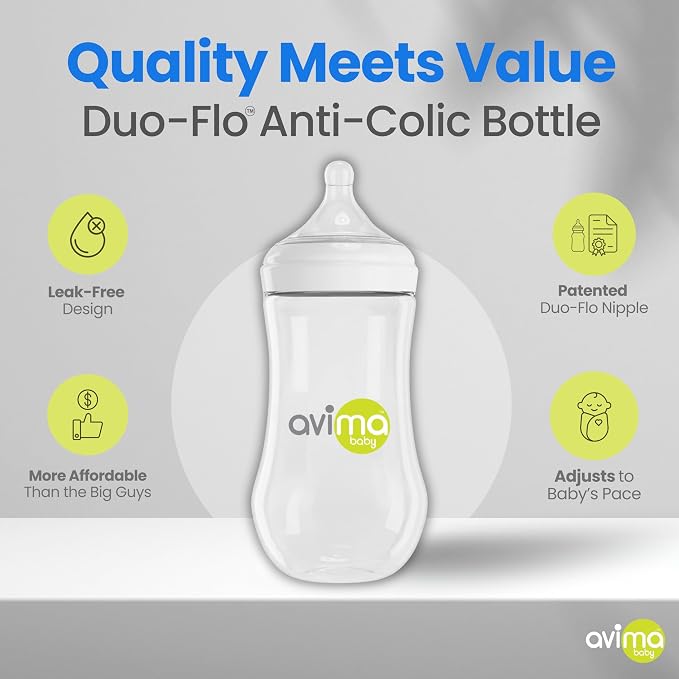 Avima Baby 12 oz Anti Colic Baby Bottles for Breastfed Babies - Fast Flow Nipples, Wide Neck Bottle, BPA Free - 9-12 Months, Stage 3 (Set of 3)