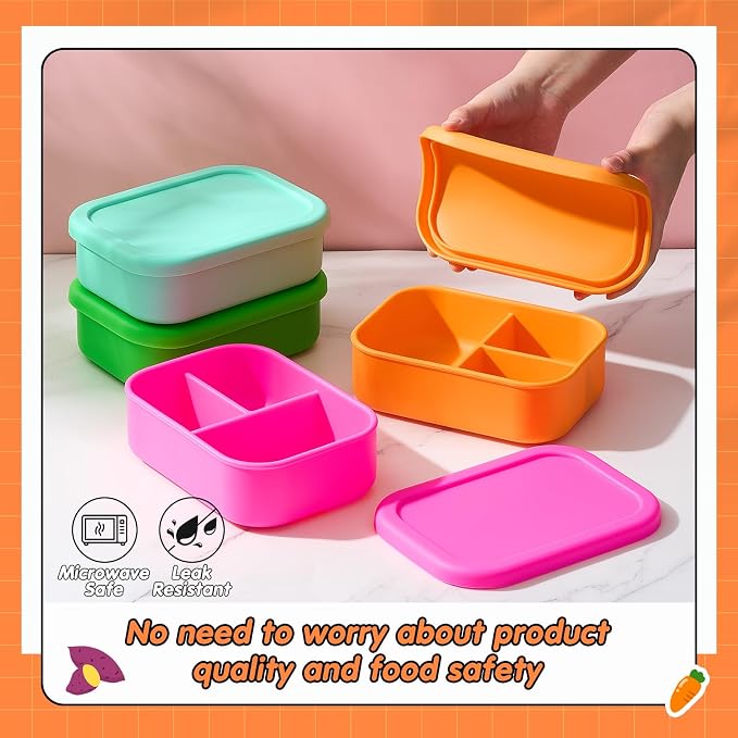 Layhit 4 Pcs Silicone Bento Box for Adults, 27 oz Bento Lunch Container Reusable Food Container for Women Men, Leak Proof Microwave Dishwasher Freezer Safe (3 Compartments,Vivid Colors)