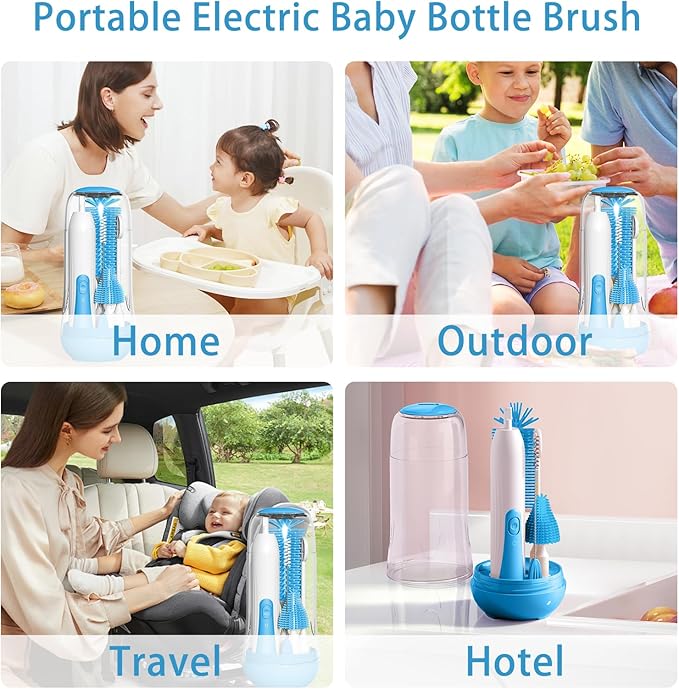 Electric Bottle Brush Cleaner, Portable Rechargeable Baby Bottle Cleaner Kit for Travel with Silicone Nipple & Straw Brush, Drainage Rack, Storage Box(Sky Blue)