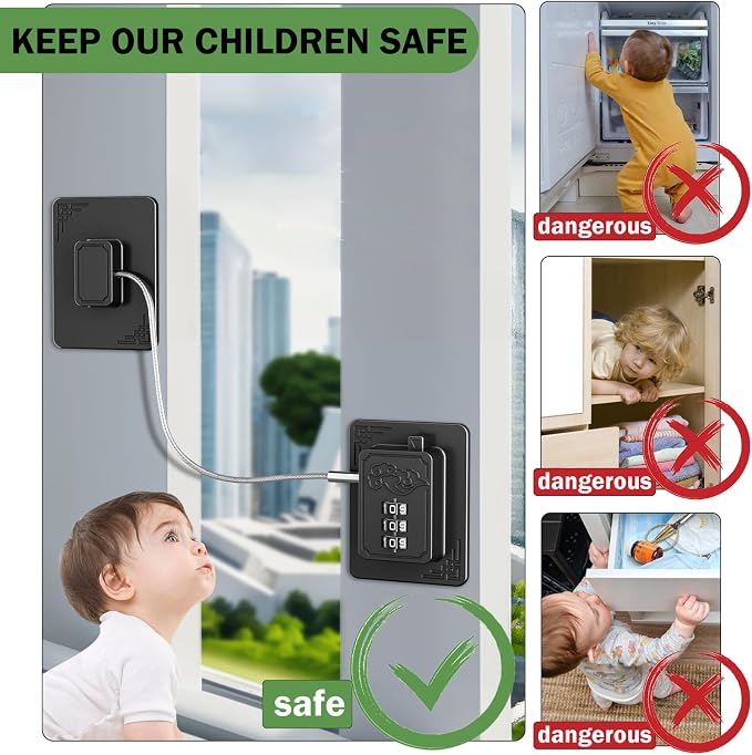 2 Pack Refrigerator Locks with 3 Digit Code, Easy Install Fridge Lock Combination, Premium Freezer Lock, Child Proof Cabinet Locks for Refrigerators, Drawers, Closets, Windows (Black)