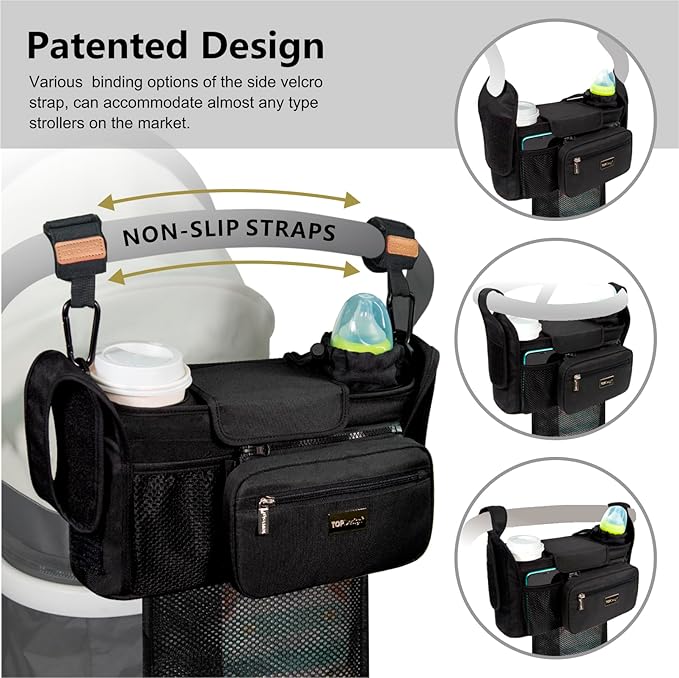 TOPDesign Universal Baby Stroller Organizer, Stroller Caddy with Detachable Mesh Bag & Heightened Insulated Cup Holders & Non-Slip Secure Hooks Accessories, Fits Most Strollers (Tropical Rainforest)