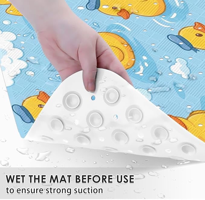 Yellow Rubber Duck Bathtub Shower Mat Blue Cute Non-Slip Tub Extra Long Bath Floor 40X16 Inch Machine Washable for Bathroom Tub Bath Mat for Toddler and Baby