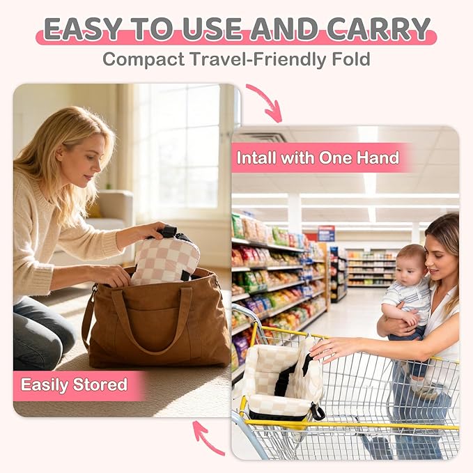 Portable Baby Shopping Cart Seat, High Chair Cover for Outdoor, One-Hand Installation Cart Seat Cover, Comfortable and Supportive Foam-Padded, Grocery Cart Baby Seat ??Pink Checkered