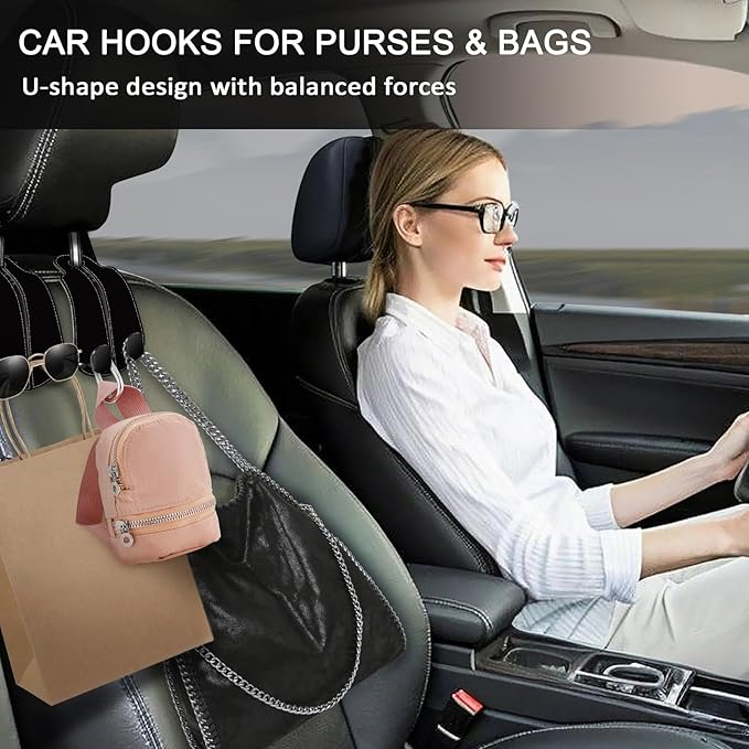 Blusabaca 2PCS Car Seat Back Storage Headrest Hooks, Black Purse Holder Bags Hanger, Double Metal Hook for Backseat Organizer, Women Car Accessories Organization