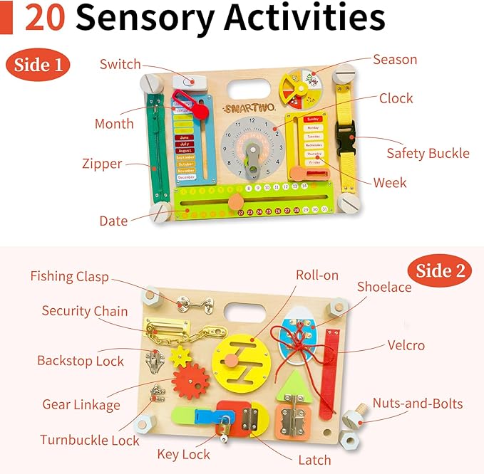 Montessori Large Double-Sided Busy Board for 1 2 3 4 Year Old- Wooden Sensory Toys -Fidget Activity Board for Toddlers Boys and Girls- Motor Skills Gifts for ADHD & Autistic Children Kids