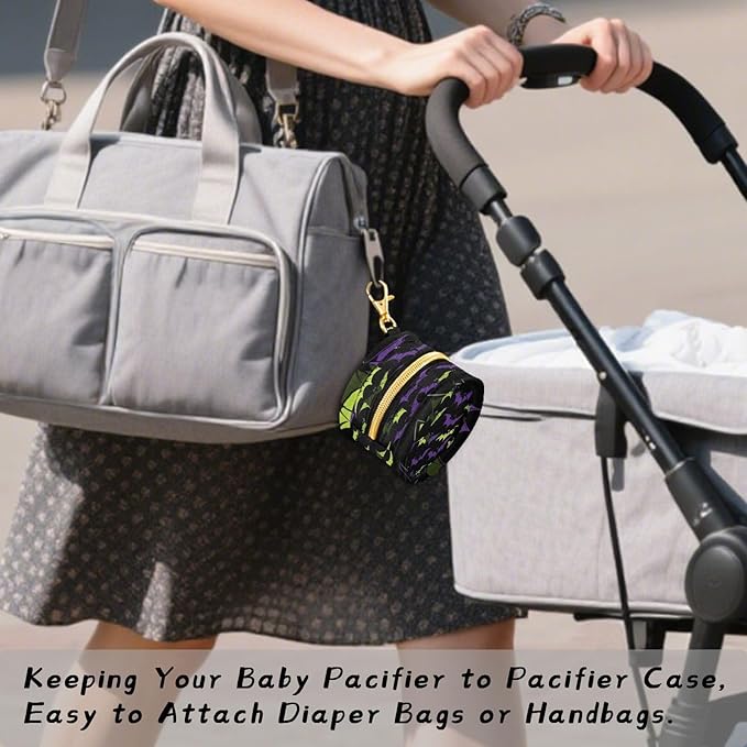 Pacifier Holder with Clip Pacifier Case for Diaper Bag Round Baby Pacifier Pouch Box Bag Portable Halloween Bats Black