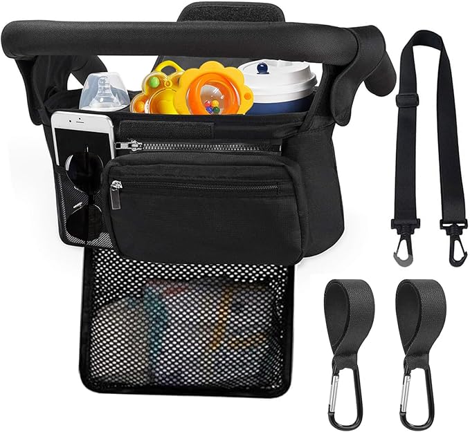 Universal Baby Stroller Organizer，with Heightened Insulated Cup Holder,Detachable Phone Bag,Shoulder Strap and Mesh Bag，Fits Most Strollers.