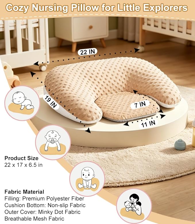 Multifunctional Nursing Pillow, Wider Breastfeeding Pillow with Minky Dot & Breathable Mesh, Anti-Slip Base for Tummy Time & Baby Sitting Support, Removable Soft Cover, Large Opening for Most Body