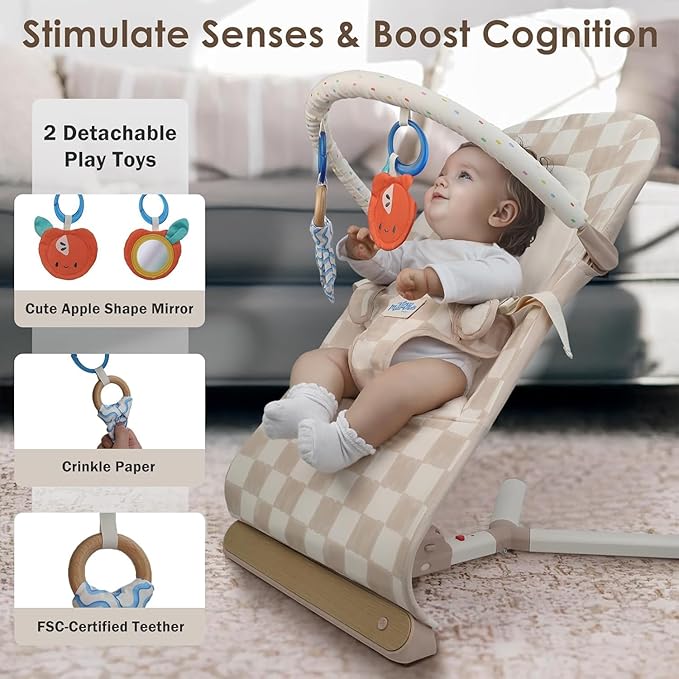 Tiny Marvels Baby Bouncer Seat 0–12 Months, Ergonomic Portable Design with 3-Point Harness, Soothing Music & Removable Bar, Foldable Baby Seat for Newborns & Toddlers Under 20 lbs