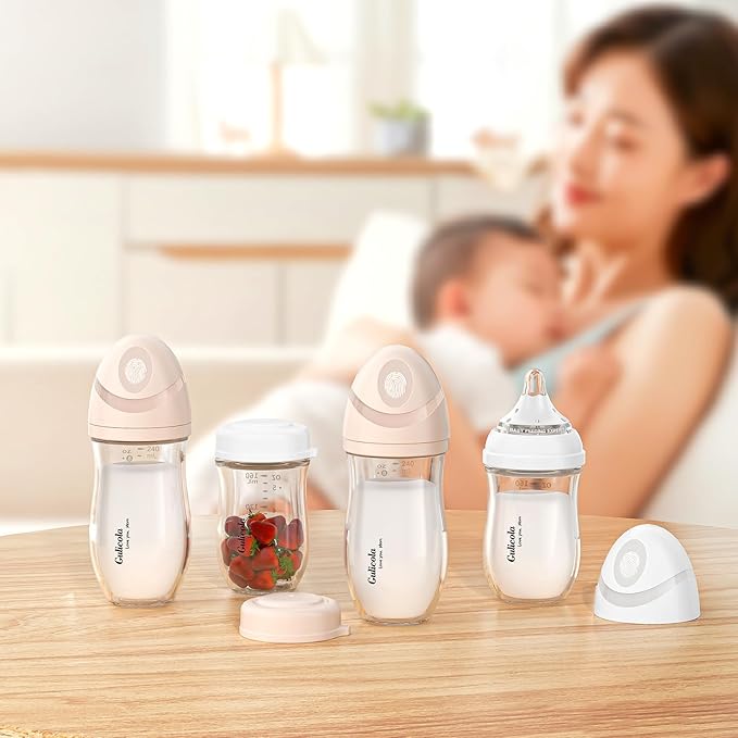 Gulicola Natural Glass Baby Bottle for Breastfed Babies, Anti-Colic Baby Bottle Set with Medium Flow Nipple, 3 Months +, 8 oz, 2 Pack - Pink