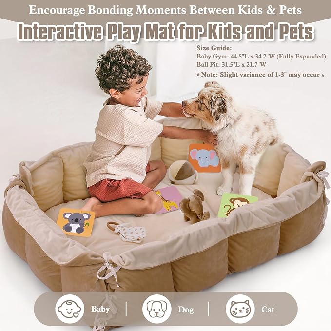 5-in-1 Plush Baby Play Gym, Baby Play Mats, Convertible Baby Gym, Tummy time mat, 6 Sensory Toys, Activity Center, Ball Pit, Brown