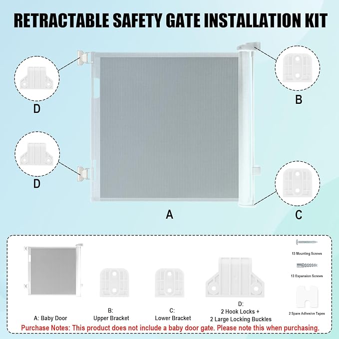 Retractable Baby Safety Gate Replacement Parts Kit, White Baby Safety Gate Hardware Extension Set with 2 Latches 2 Brackets 13 Screws 13 Expansion Tubes