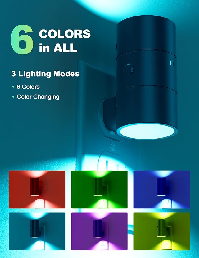 VOLISUN Led Night Light Plug into Wall, 6 RGB Night Lights with Light Sensor, Color Changing Mode, Dimmable Night Light for Christmas, Halloween, Holiday Decor, Hallway, Bedroom Black 2 Pack