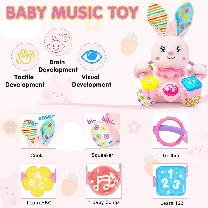Ryotagift Baby Bilingual Musical Rabbit Stuffed Animals Toys,Infant Early Learning Toy with Light-Up Music & Crinkle,Tummy Time Toys for 0 3 6 9 12+ Months for Baby Boy Girl Easter Gift,Pink