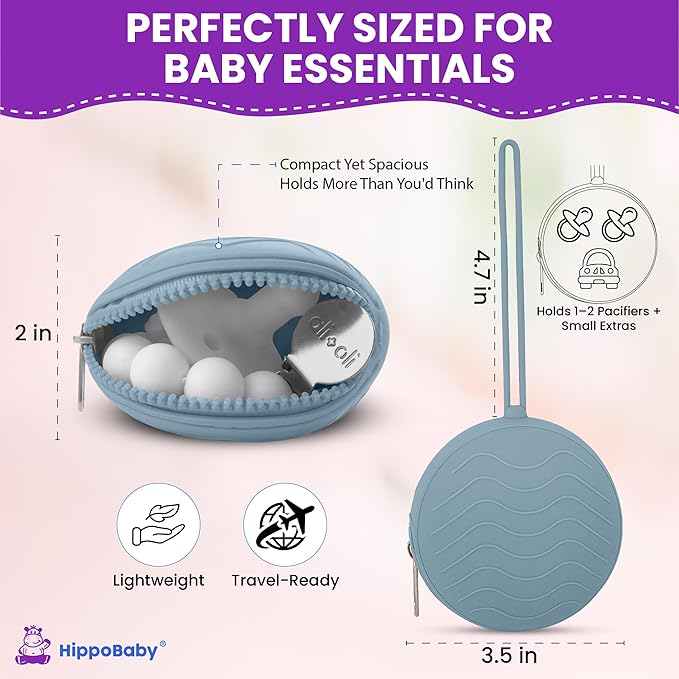 HippoBaby Silicone Pacifier Holder Case 2-Pack ??BPA-Free, Food-Grade Silicone ??Zippered Travel Pacifier Organizer ??Portable Baby Case for Pacifiers, Teethers & Essentials ??Dishwasher Safe