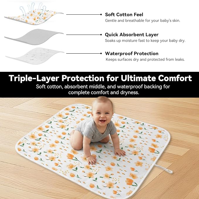 Baby Diaper Changing Mat, Waterproof, Absorbent, Soft Cotton Surface with EVA Backing, 30x24in Unfolded, Compact 8x2in with Storage Strap, Wipeable Diaper Changing Pad for Travel, Baby Gift