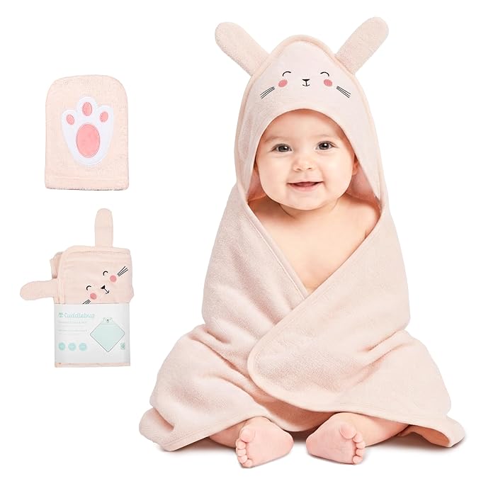 CuddleBug Hooded Baby Bath Towel & Washcloth Set (Bear) - 100% Cotton Terrycloth Hooded Baby Towels for Newborn & Toddler - Super-Soft & Absorbent, Newborn Essentials (33" x 33") - Blush Pink