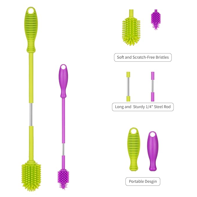 A-Brush Silicone Bottle Cleaner Brush, 2 Piece Set, Flexible, Long Handle - Water Bottle Cleaner, Baby Bottle Nipple Brush for Plastic & Glass, BPA-Free Dish Washing Brush A2S Protection