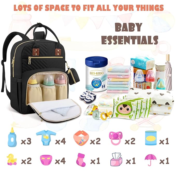 Tenot Baby Diaper Bag Backpack, Travel Diaper Bags for Baby Girl Boy Large Capacity Baby Bag Backpack for Women Black