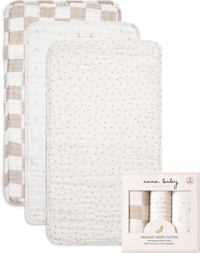 Nana Baby Burp Cloths – 100% Organic Cotton, Oversized & Hypoallergenic, 8-Layer Muslin, Machine Washable, Neutral Unisex Colors, Gentle on Sensitive Skin, Set of 3 (Beige)