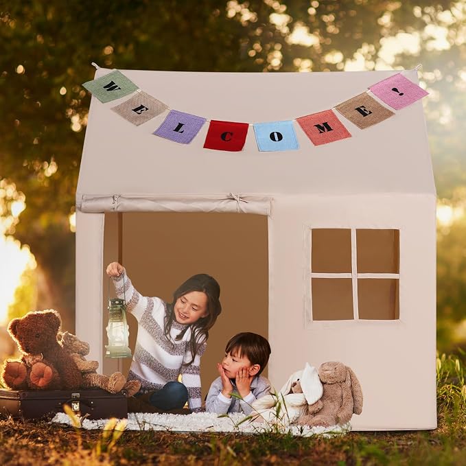 Kids Play Tent Large Playhouse Indoor Outdoor Play House Tent for Boys Girls Toddlers Castle Tents with Banners (Beige(with One Window))