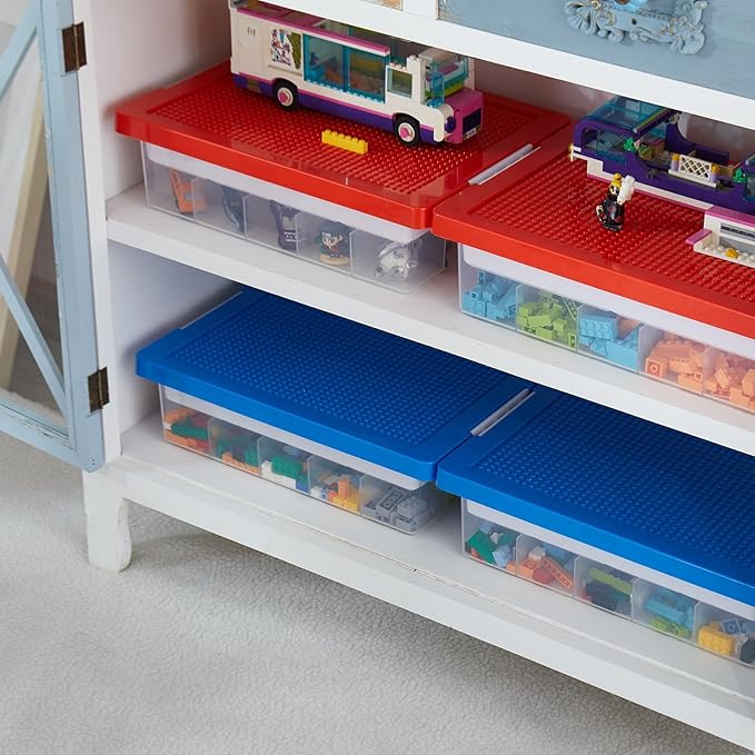 MACOPRO Toys Storage Organizer Box for Lego, Toy Box with Building Plate Lid and Removable Tray, Building Block Storage, Stackable Plastic Organizer Bins (Red+Blue-2Packs)