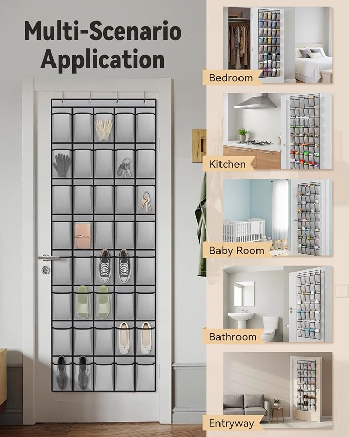 dodowin Over the Door Shoe Organizers, 2 Pack (Black 24-Pocket & Grey 40-Pocket) - Hanging Shoe Rack with 4 Metal Hooks, Space Saving Foldable Storage for Closet Door