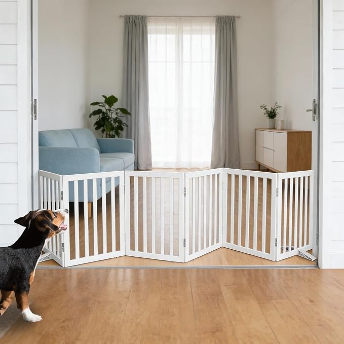 Dog Gate Indoor, Freestanding Dog Fence for The House, Doorways, Hallways,or Stairs,Pet Gate Foldable Wooden,Expandable 24" Height 6 Panels,White