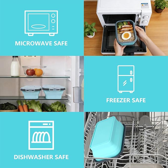 Collapsible Silicone Food Storage Containers Set, 4PCS Foldable Lunch Boxes with Lids & Air Vent, 27oz Multifunctional Travel Food Containers, Bento Boxes, Blue