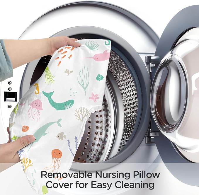 Little Grape Land Nursing Pillow for Breastfeeding, Ergonomic Feeding Pillow with Removable Cover, Baby Feeding Pillow with Hidden Zipper Guard and Supportive Breathable Filling, Ocean, Original