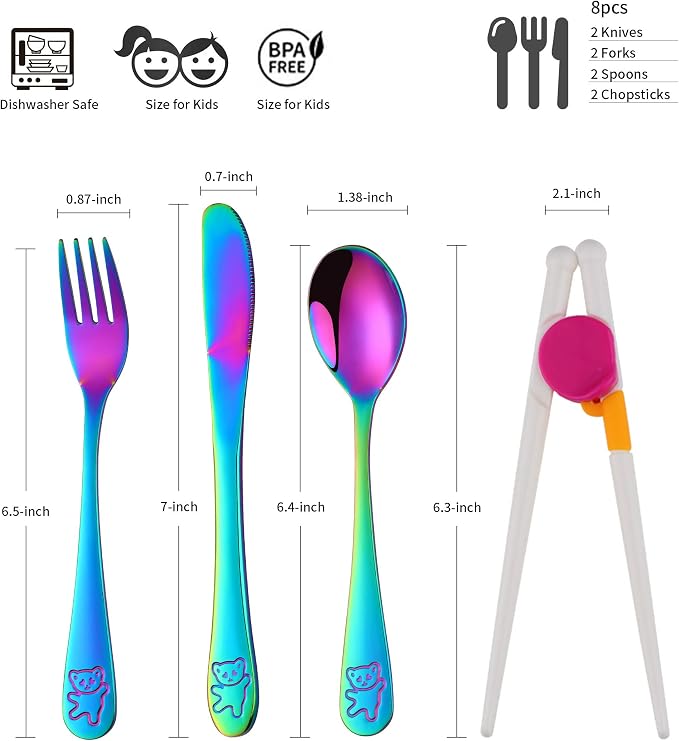 Stainless Steel Kids Silverware with Training Chopsticks, 8 Pieces Rainbow Toddler Utensils for 4-12 Years Old, Food Grade Metal Kids Utensils Set, Children Safe Flatware, Dishwasher Safe, Poylim
