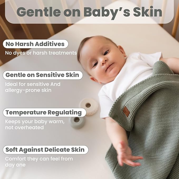 100% Organic Cotton GOTS Certified Baby Knitted Blanket with Gift Box - Soft Toddler, Crib, Stroller Blanket - Neutral Swaddle and Receiving Blanket for Newborns, 30"x40", Green