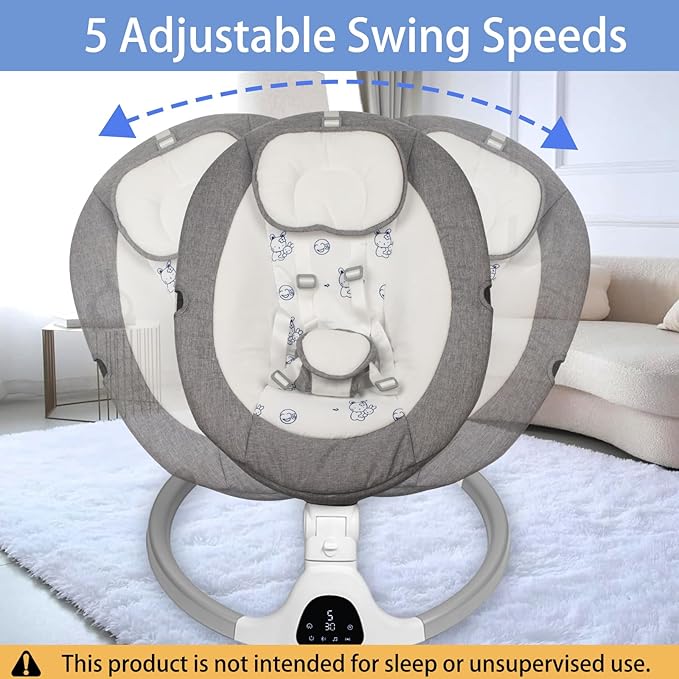 Electric Baby Swing for Infants, 5-Speed Adjustable Swing with Bluetooth Music, Timer, 5-Point Harness and Stable Base for Supervised Daytime Use (Gray)