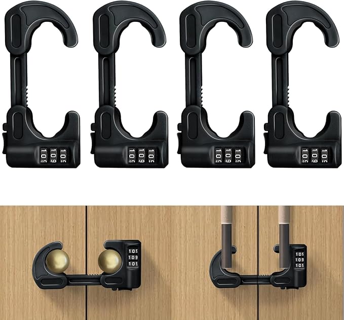 4 Pack U-Shaped Cabinet Locks with Combination Baby Proofing Cabinet Lock Child Proof Sliding Cabinet Door Locks Adjustable Drawers Cupboard Locks Baby Safety Cabinet Latches for Knob Handle (Black)