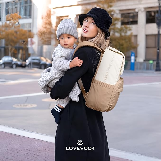 LOVEVOOK Diaper Bag Backpack, Baby Travel Bags for Boys & Girl, Toddler Waterproof Diaper Bag w/Changing Pad (Beige khaki, 15.6''-Small)