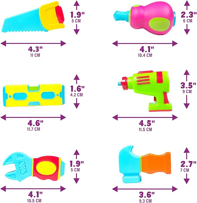 Tub Works® Tools??Mold Free Bath Toys, 6 Pack | Sealed, No Hole Bath Toys Design Keeps Moisture Out | Soft, Squeezable & Float on Water | Easy-Grip Baby & Toddler Bathtub Toys | Great for Baby Pools