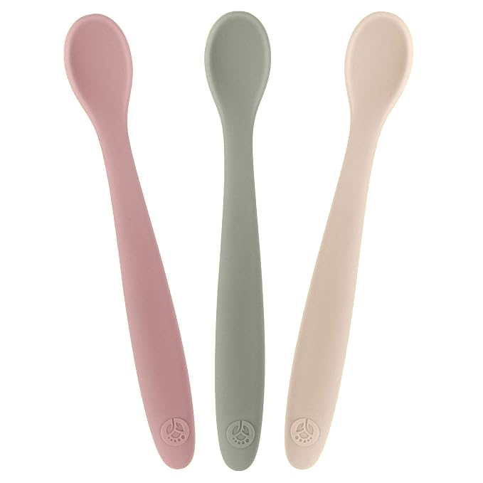 WeeSprout 3 Silicone Baby Spoons & 2 Bowls with Lids Bundle - Soft-Tip, Bendable Feeding Utensils - Durable, Travel-Friendly, Dishwasher Safe - Beige & Purple