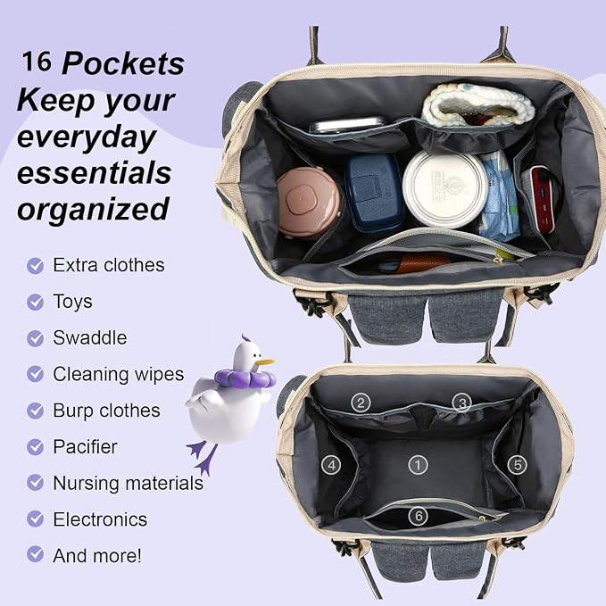 Diaper Bag Backpack with Changing Pad – Large Capacity, 16 Pockets, USB Port, Waterproof Travel Backpack for Mom & Dad – Bonus Pacifier Case - Gray