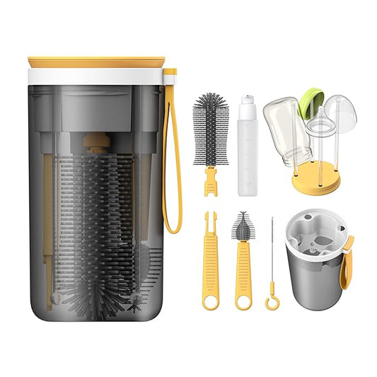 YOTIME Travel Bottle Brush Set, 6in1 Bottle Cleaning Kit with Silicone Bottle Brush, Nipple Cleaner Brush, Straw Brush, Soap Dispenser, Bottle Drying Rack and Storage Box, Yellow