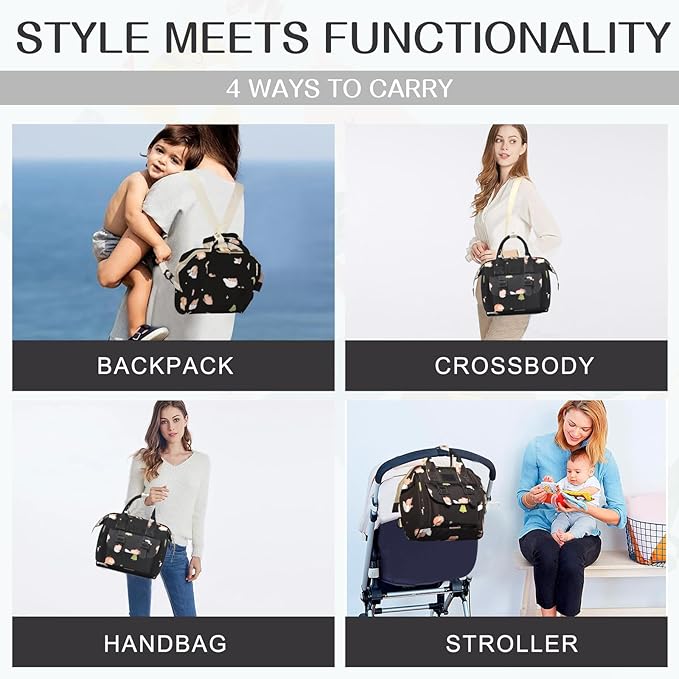 Small Diaper Bag Crossbody with Multi-Pocket, 4 in 1 Mini Travel Mommy Tote w/ Shoulder for Stroller, Small Toddler Daiper Backpack with Insulated Pockets, Compact Baby Bag for Mom (Black Animal)